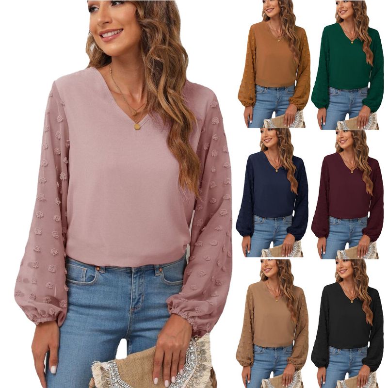 Women's Chiffon Shirt Long Sleeve Blouses Simple Style Solid Color