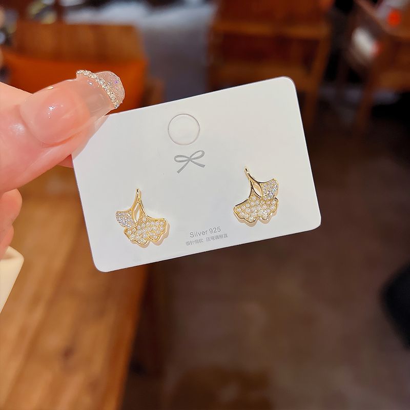 1 Paire Sucré Feuille De Ginkgo Placage Incruster Alliage Perles Artificielles Diamant Artificiel Boucles D'oreilles
