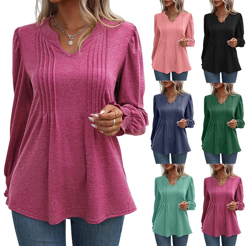 Women's T-shirt Long Sleeve T-shirts Pleated Casual Solid Color