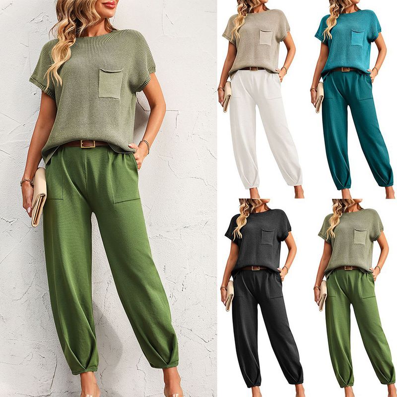Women's Vintage Style Solid Color Artificial Cotton Pocket Pants Sets