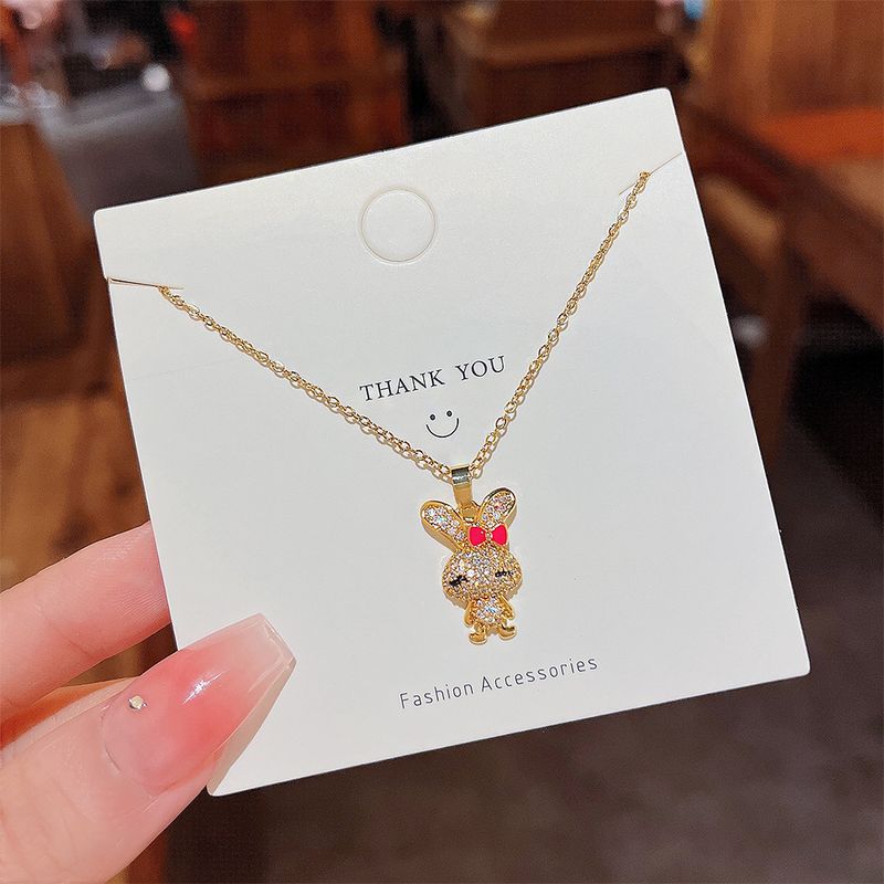 Cute Sweet Rabbit Titanium Steel Inlay Zircon Pendant Necklace