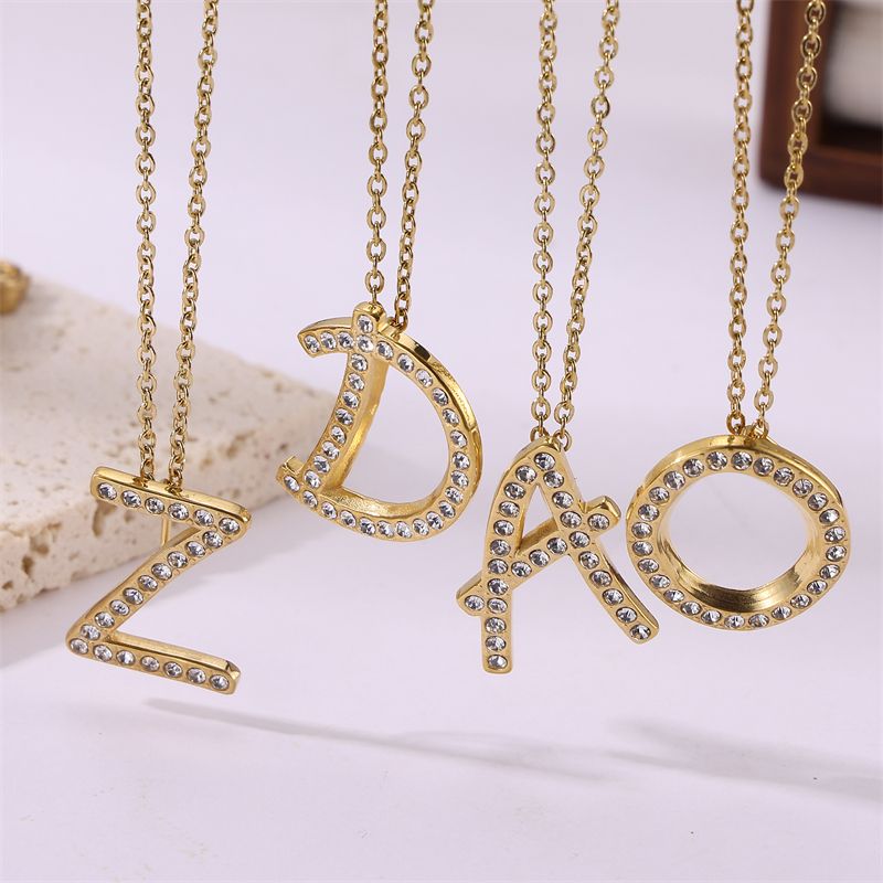 Simple Style Streetwear Letter Stainless Steel Plating Inlay Zircon Gold Plated Pendant Necklace