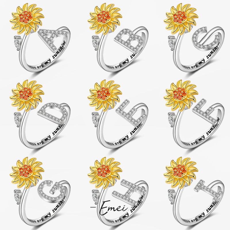 Dame Brief Blume Kupfer Überzug Inlay Künstliche Edelsteine Offener Ring