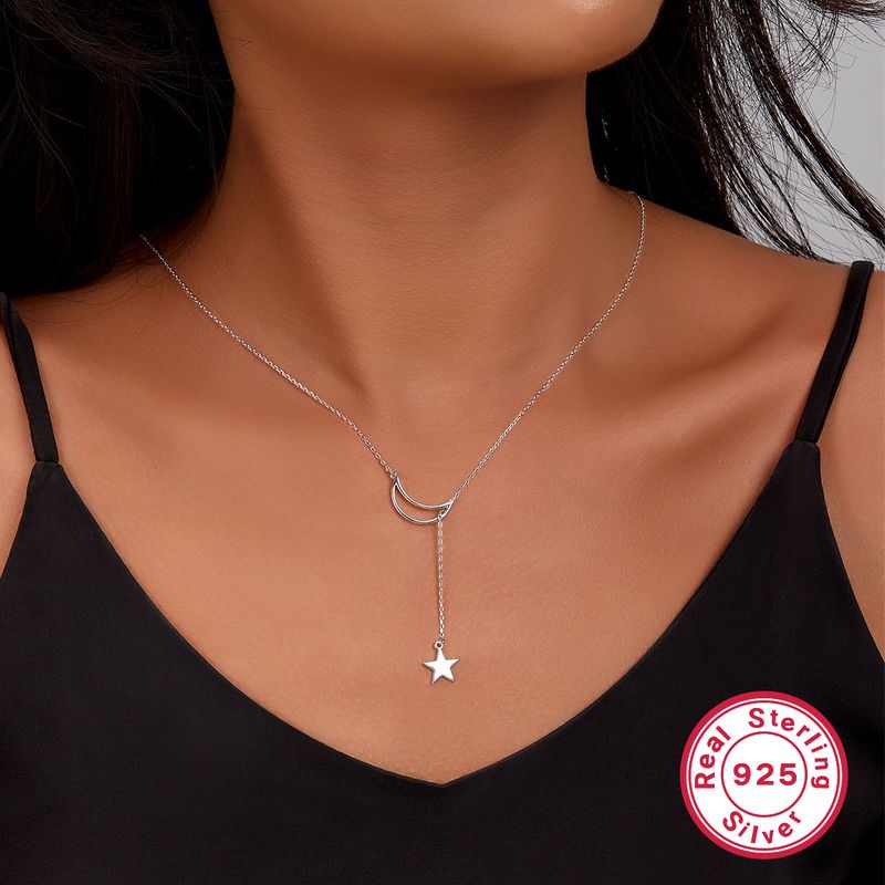 Elegant Simple Style Star Moon Sterling Silver Plating White Gold Plated Pendant Necklace