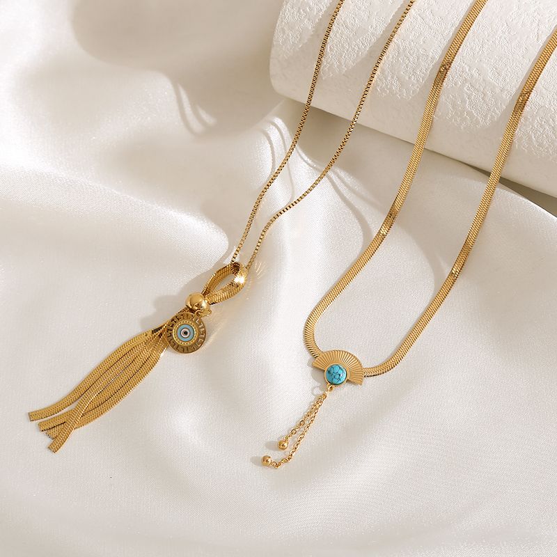 316 Stainless Steel  Turquoise 14K Gold Plated Elegant Luxurious Plating Inlay Devil'S Eye Sector Tassel Turquoise Pendant Necklace