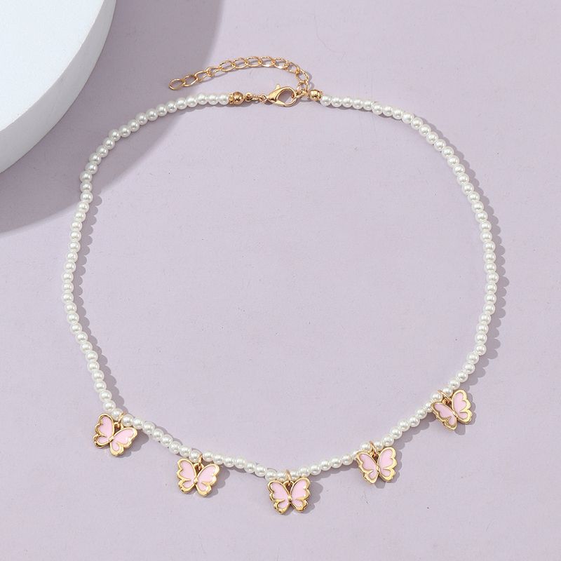 Princess Cute Sweet Butterfly Artificial Pearl Alloy Beaded Girl's Pendant Necklace