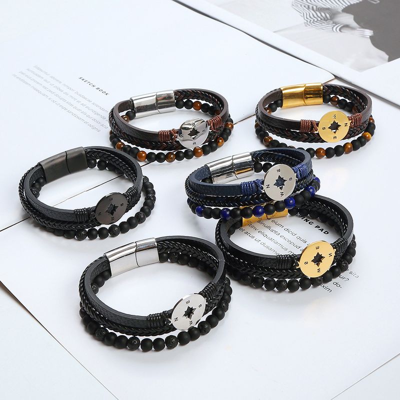 Classical Vintage Style Roman Style Compass Stainless Steel Pu Leather Natural Stone Men's Bracelets