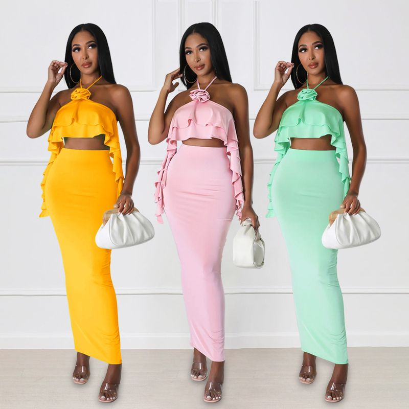 Women's Vacation Solid Color Polyester Slit Lettuce Trim Skirt Sets