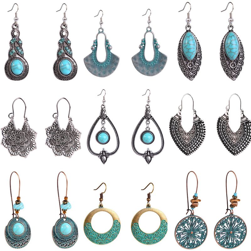 1 Pair Bohemian Water Droplets Heart Shape Flower Hollow Out Inlay Alloy Turquoise Drop Earrings
