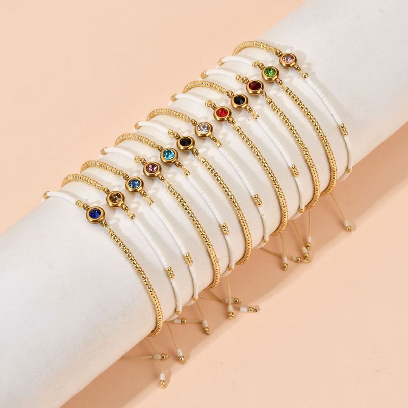 Casual Simple Style Round Stainless Steel Seed Bead Rope Beaded Inlay Zircon Bracelets