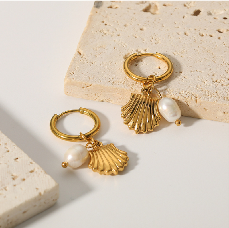 1 Pair Cute Simple Style Classic Style Scallop Plating Stainless Steel Artificial Pearl Titanium Steel Gold Plated Drop Earrings