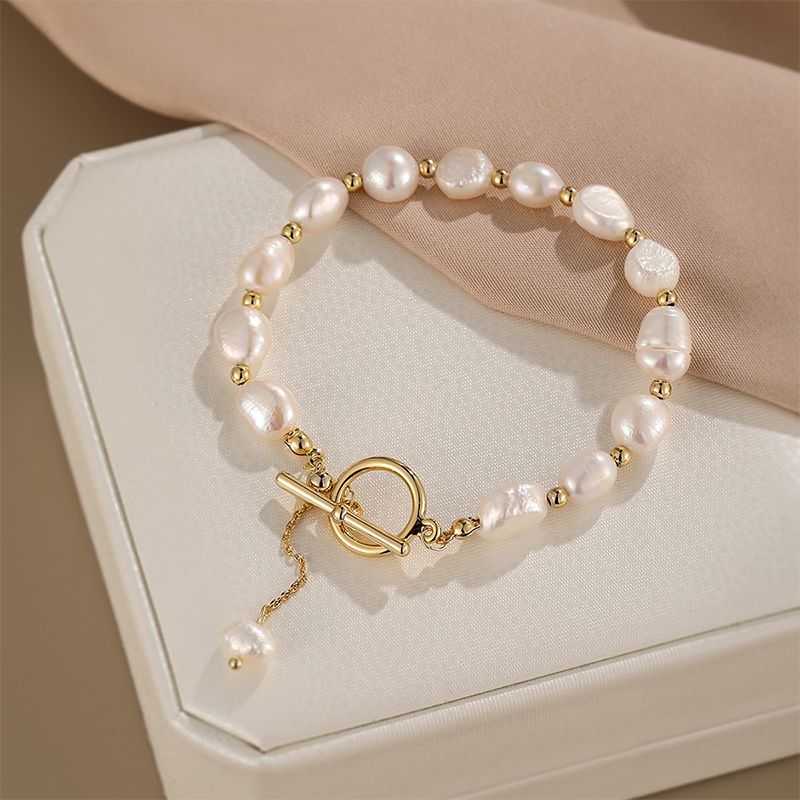Elegant Luxurious Round Freshwater Pearl Copper Toggle Bracelets