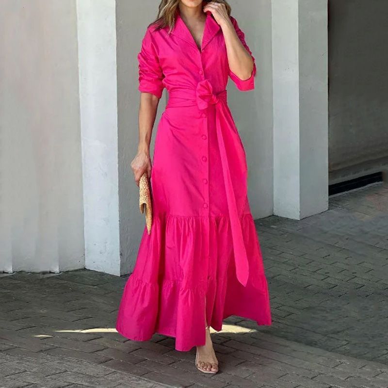 Women's Regular Dress Casual Turndown Belt 3/4 Length Sleeve Solid Color Maxi Long Dress Daily