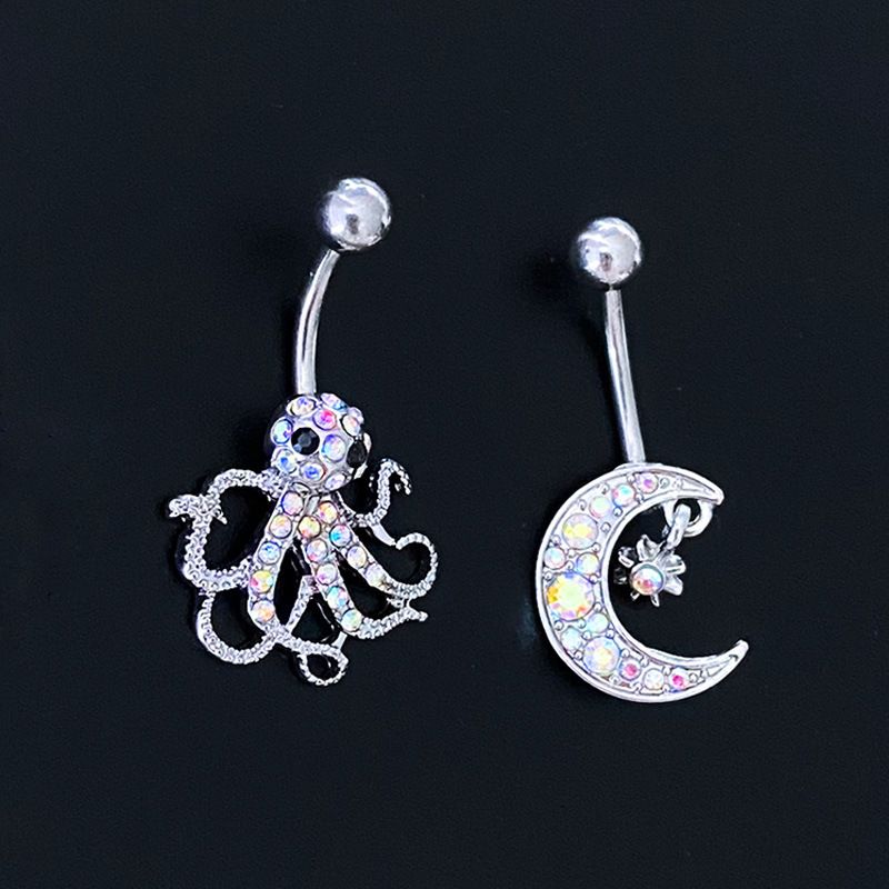 Novelty Streetwear Animal Moon Stainless Steel Plating Inlay Rhinestones White Gold Plated Belly Ring