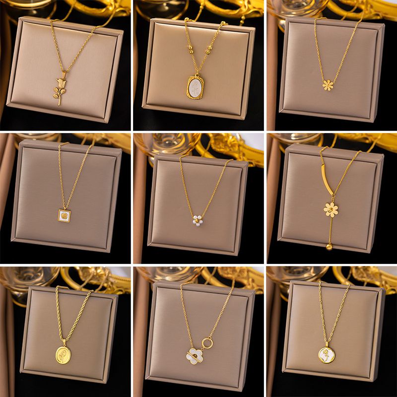 304 Stainless Steel 18K Gold Plated Sweet Plating Inlay Flower Acrylic Plastic Pendant Necklace