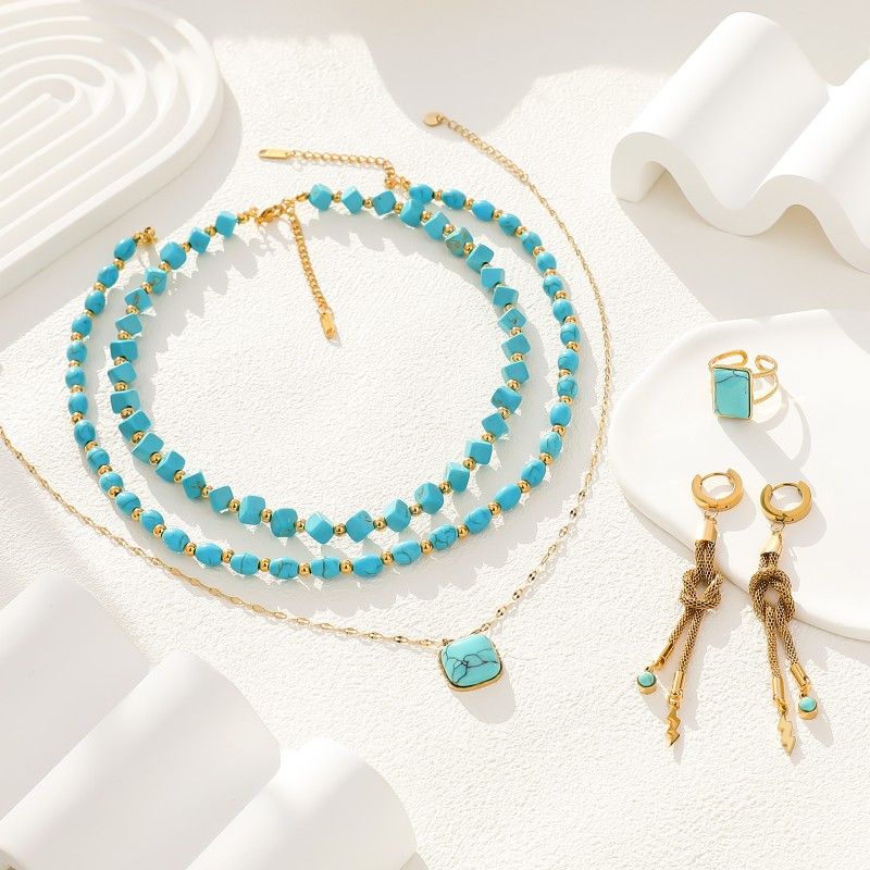 Glamour Carré Foudre Acier Inoxydable Perlé Placage Incruster Turquoise Plaqué Or Anneaux Des Boucles D'oreilles Collier