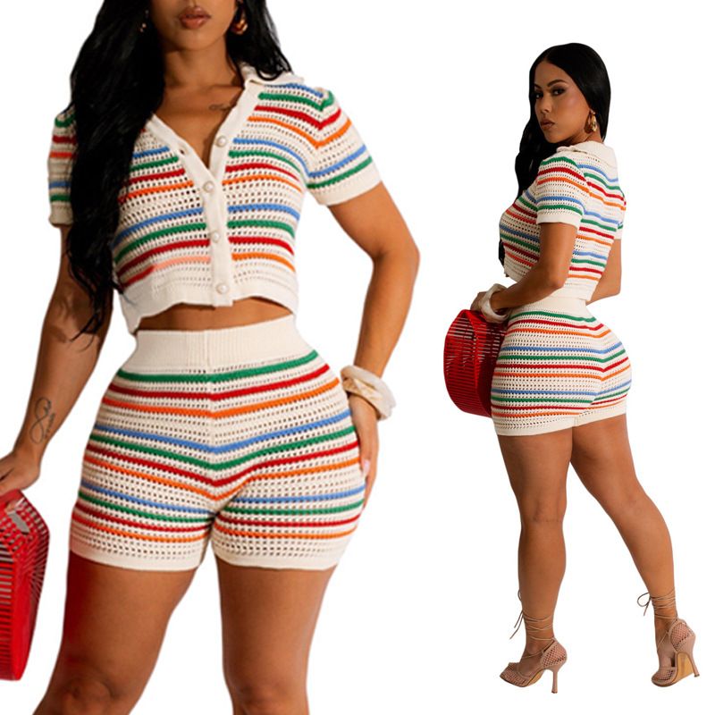 Women's Casual Sexy Stripe Polyester Hollow Out Shorts Sets