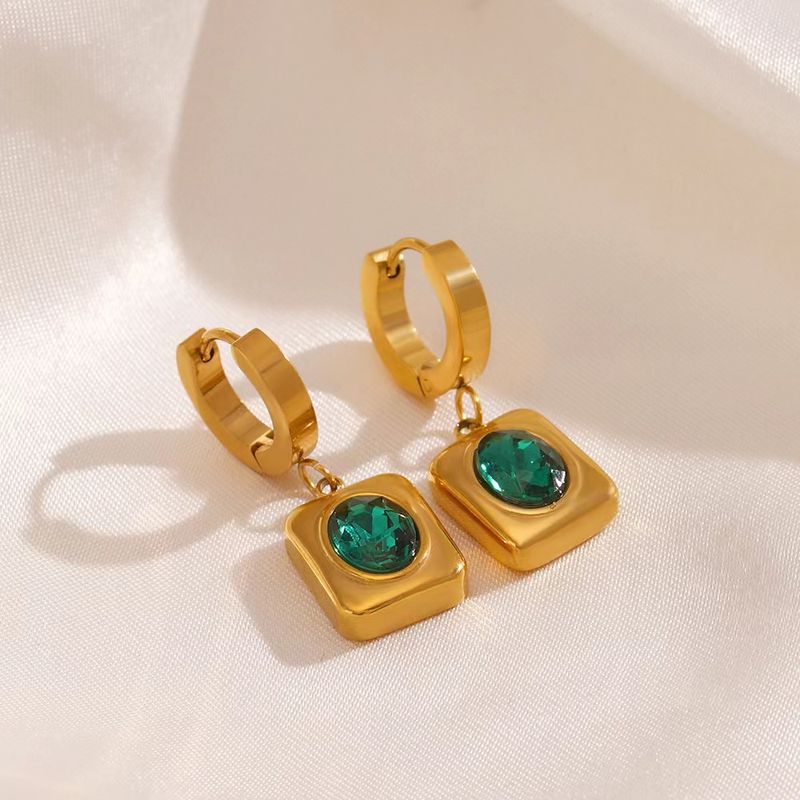 1 Pair Simple Style Square Plating Inlay 304 Stainless Steel Artificial Rhinestones 18K Gold Plated Drop Earrings