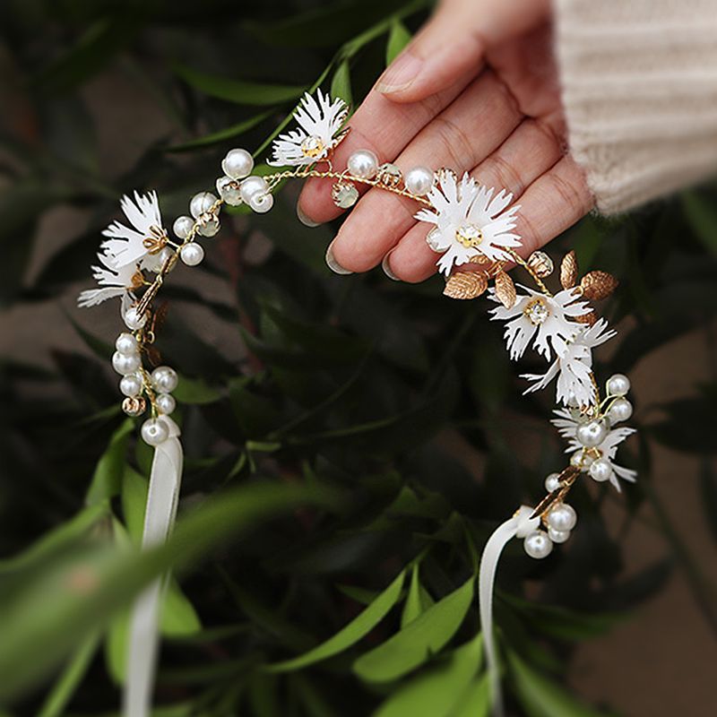 Style Japonais Plaid Fleur Perle D'imitation Le Cuivre Ruban Incruster Strass Bande De Cheveux