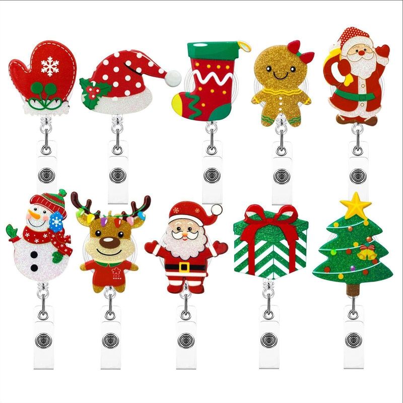 Christmas Acrylic Gold Leaf Glitter Snowman Gingerbread Man Gloves Bell Telescopic Rotating Pull Peels Voucher Buckle