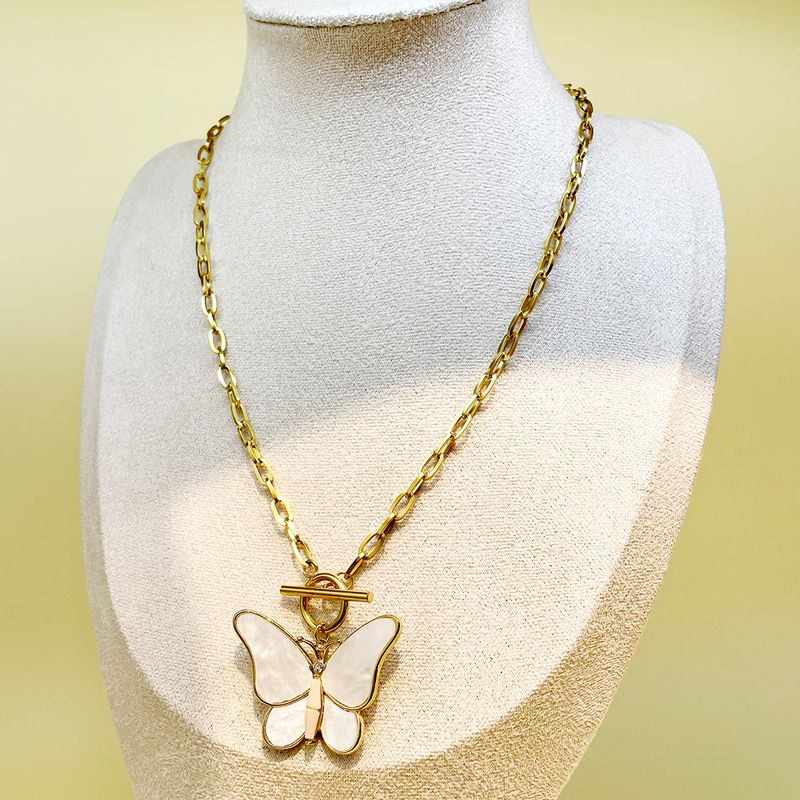 304 Stainless Steel 14K Gold Plated Classical Vintage Style Sweet Enamel Plating Butterfly Shell Pendant Necklace
