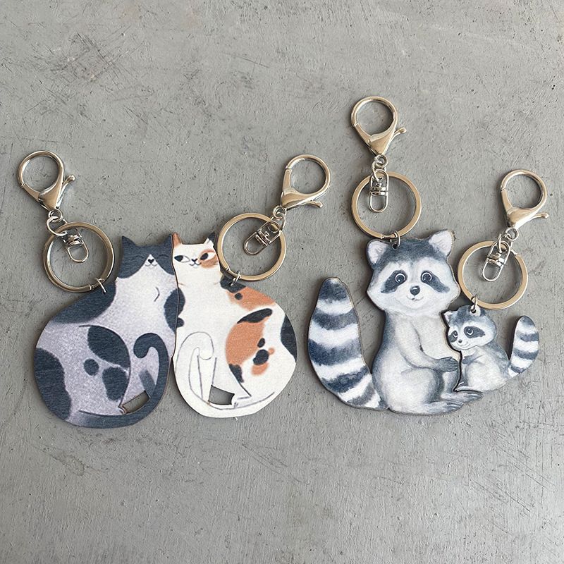 Cartoon Style Animal Wood Printing Bag Pendant Keychain