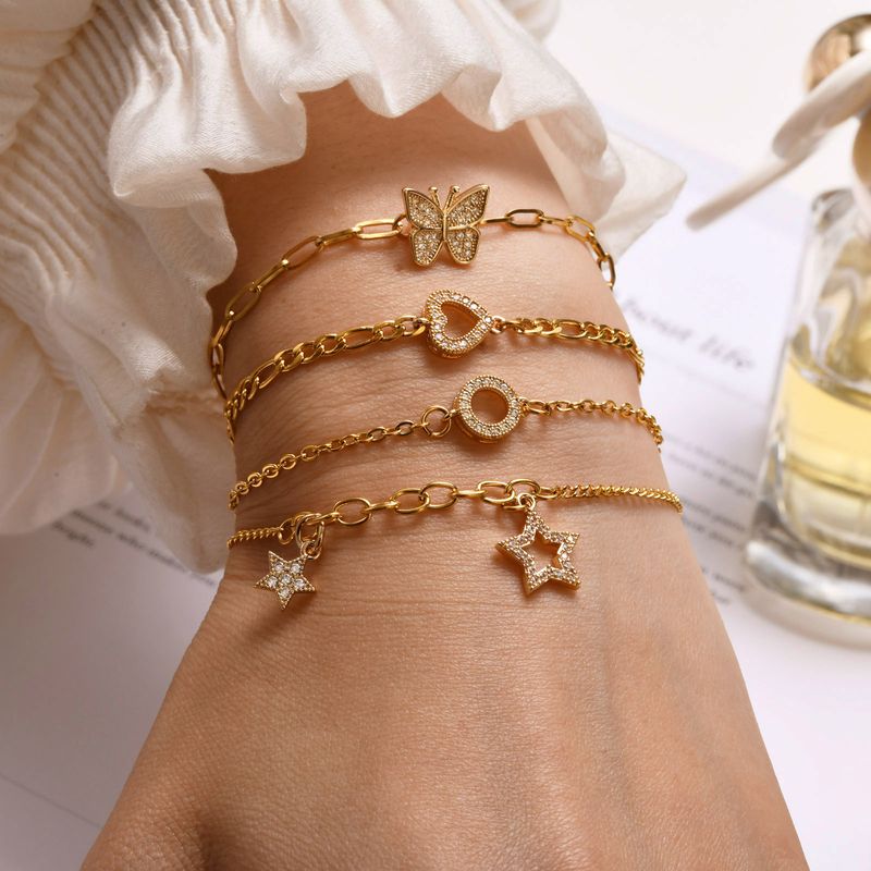 Copper Gold Plated Simple Style Star Butterfly Heart Shape Zircon Bracelets