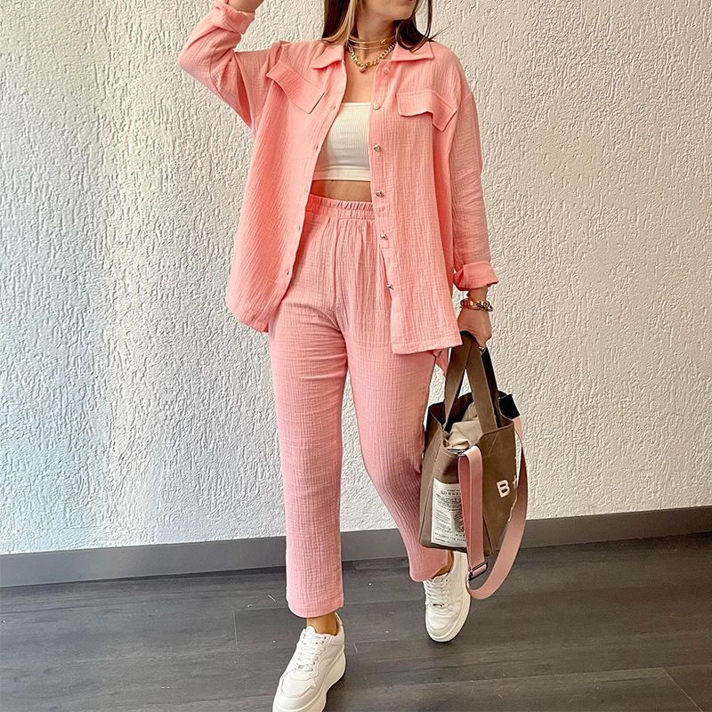 Women's Casual Simple Style Solid Color Polyester Pocket Button Pants Sets