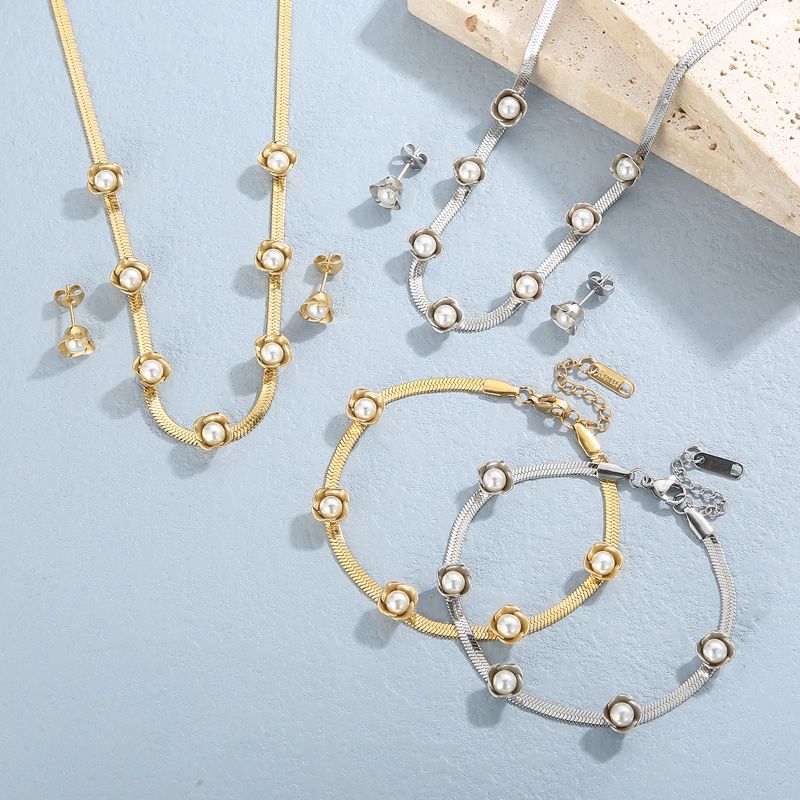 Titanium Steel 18K Gold Plated Elegant Lady Polishing Plating Inlay Heart Shape Solid Color Artificial Pearls Zircon Bracelets Earrings Necklace