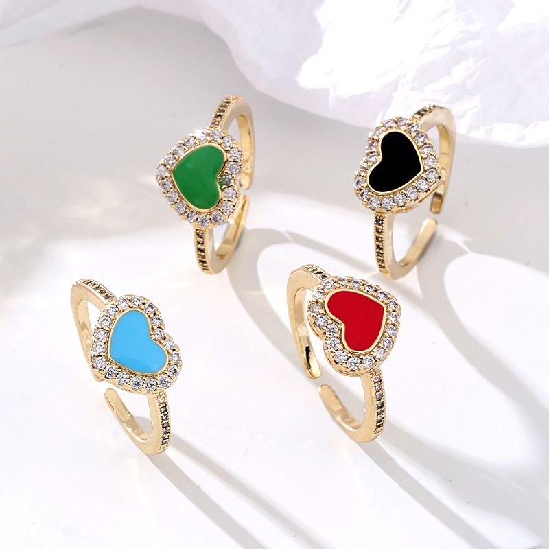 Elegante Señora Forma De Corazón Cobre Esmalte Embutido Circón Anillos Abiertos