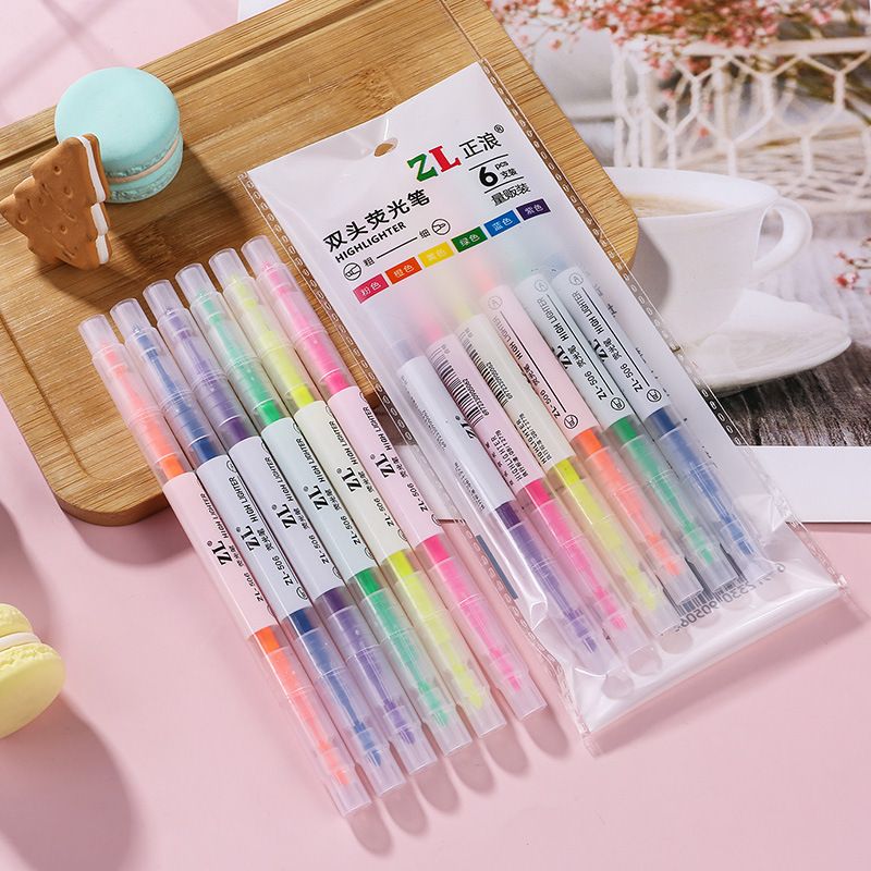 Color Double-headed Fluorescent Pen 6-color Students Use Color Pencil Key Line Marker Oblique Head Fluorescent Pen Watercolor Pen
