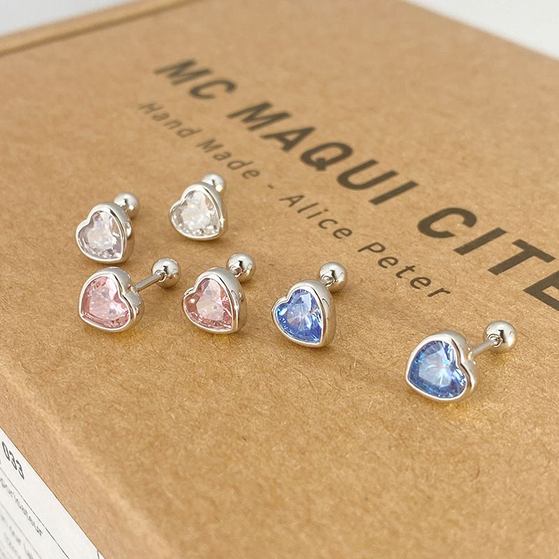 1 Pair Simple Style Heart Shape Plating Inlay Sterling Silver Artificial Gemstones Ear Studs