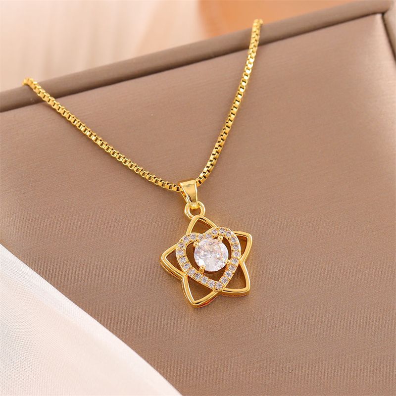 Stainless Steel Titanium Steel 18K Gold Plated Cute Shiny Plating Inlay Star Heart Shape Zircon Pendant Necklace
