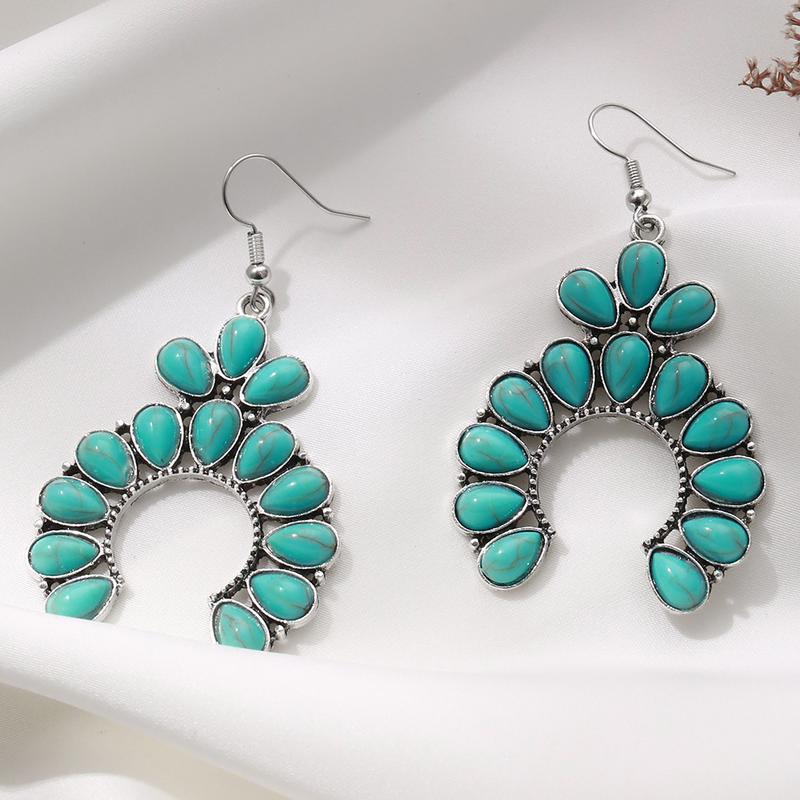 1 Pair Elegant Retro Ethnic Style Geometric Inlay Alloy Turquoise Silver Plated Drop Earrings