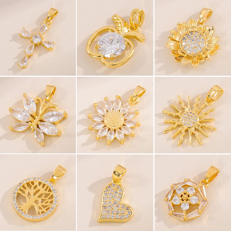 De Gros Mignon Fait Main Brillant Tournesol Feuilles Forme De Cœur Laiton Placage Incruster Plaqué Or 18K Zircon