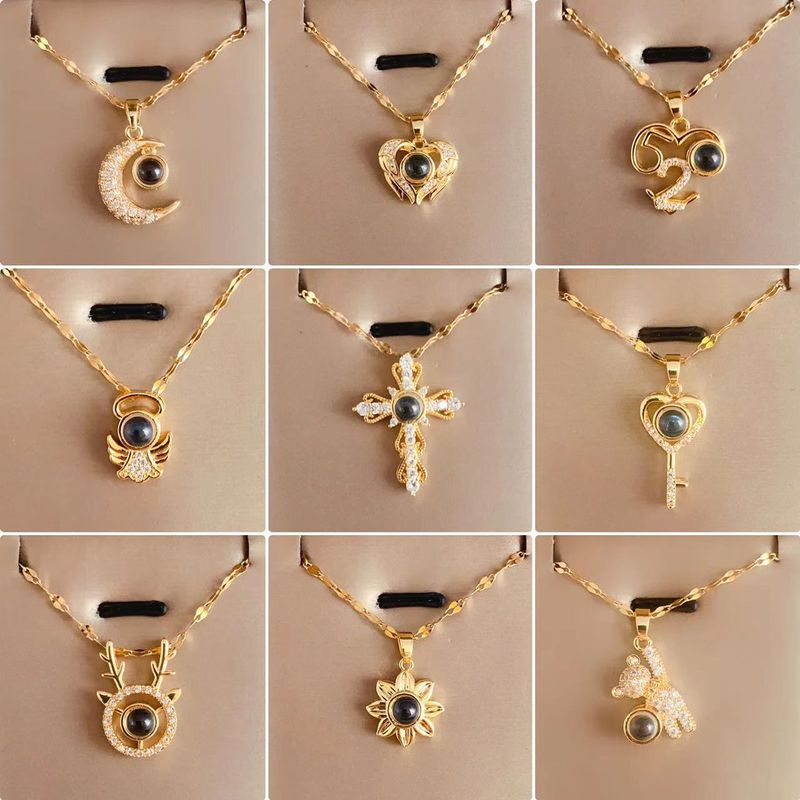 Titanium Steel Lady Retro Inlay Moon Heart Shape Cross Zircon Artificial Gemstones Pendant Necklace