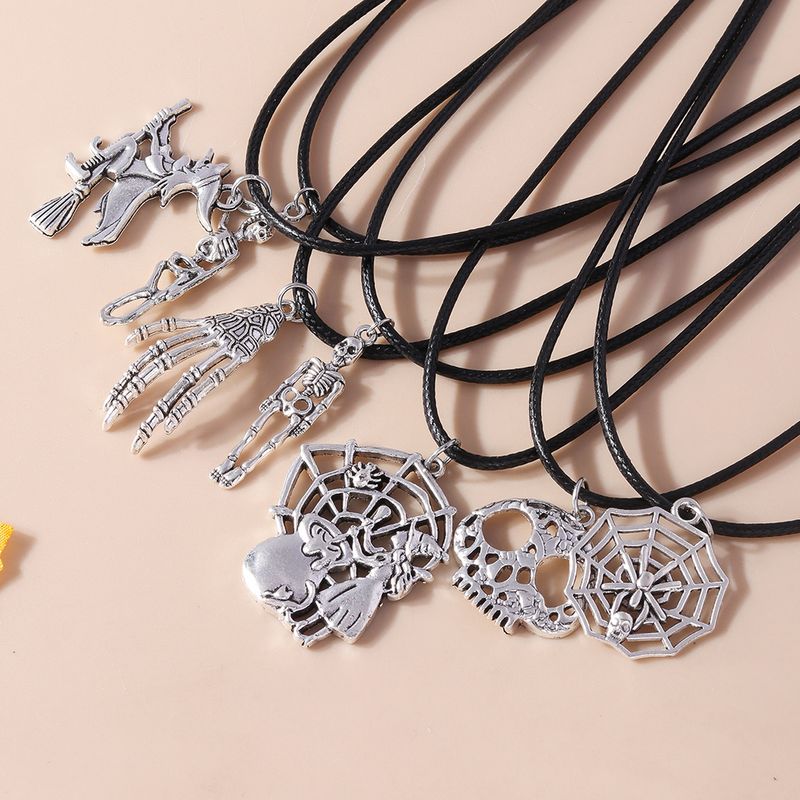 Funny Punk E4011-7/witch Spider Web Skull Leather Rope Zinc Alloy Halloween Unisex Pendant Necklace
