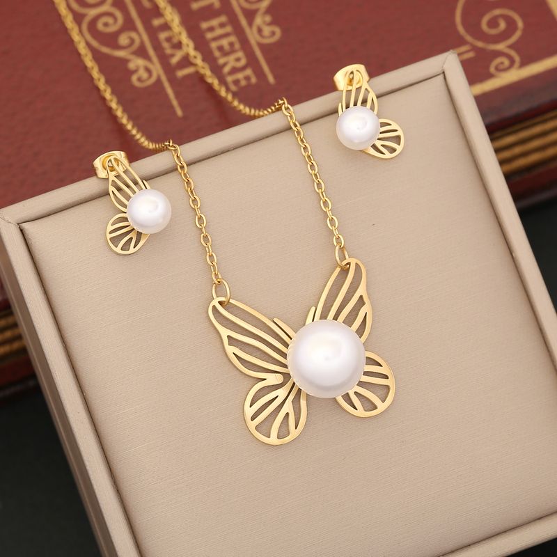 Stainless Steel 18K Gold Plated Commute Inlay Butterfly Artificial Pearls Bracelets Earrings Necklace