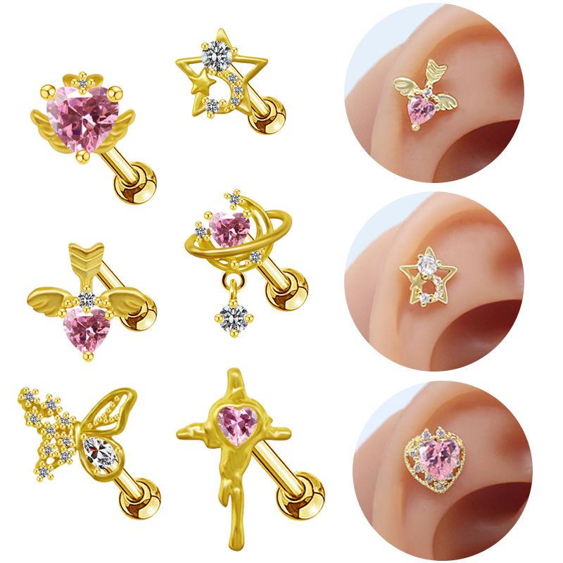1 Piece Hip-hop Heart Shape Snowflake Plating Inlay Stainless Steel Copper Zircon White Gold Plated Gold Plated Ear Studs