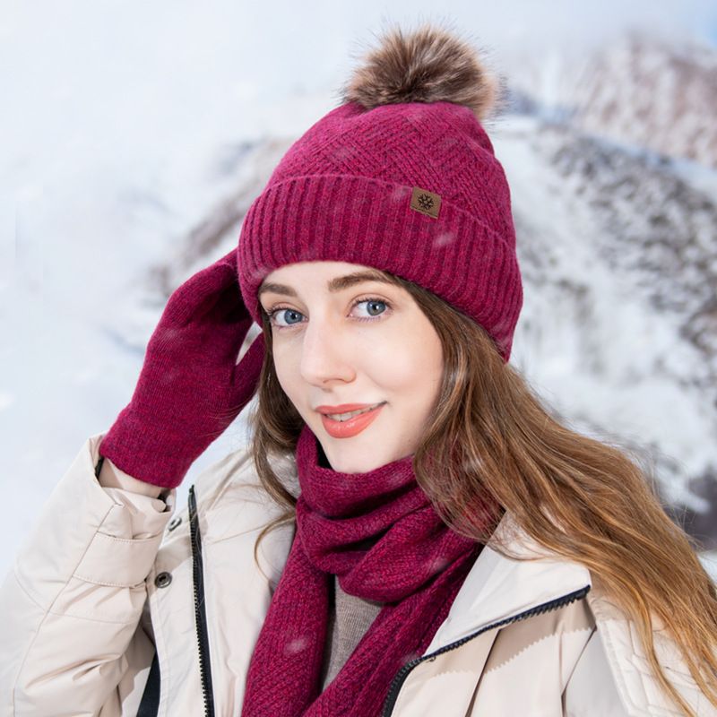 Women's Elegant Solid Color Wool Blend Scarf Hat Gloves 1 Set