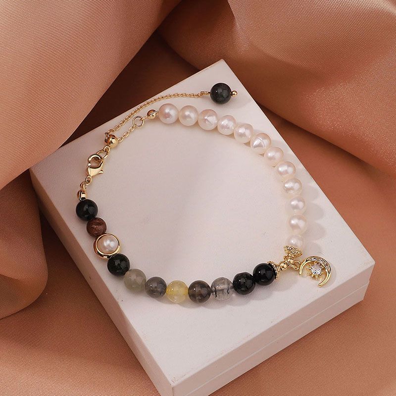 Simple Style Sun Moon Freshwater Pearl Obsidian Beaded Bracelets