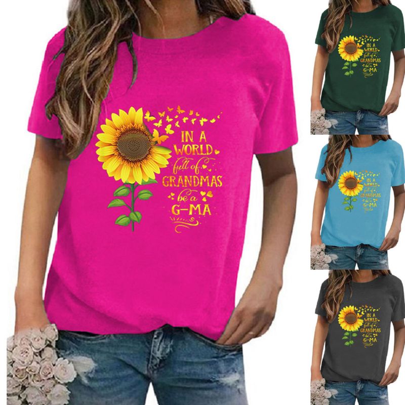 Frau T-shirt Kurzarm T-shirts Drucken Lässig Sonnenblume Brief Schmetterling