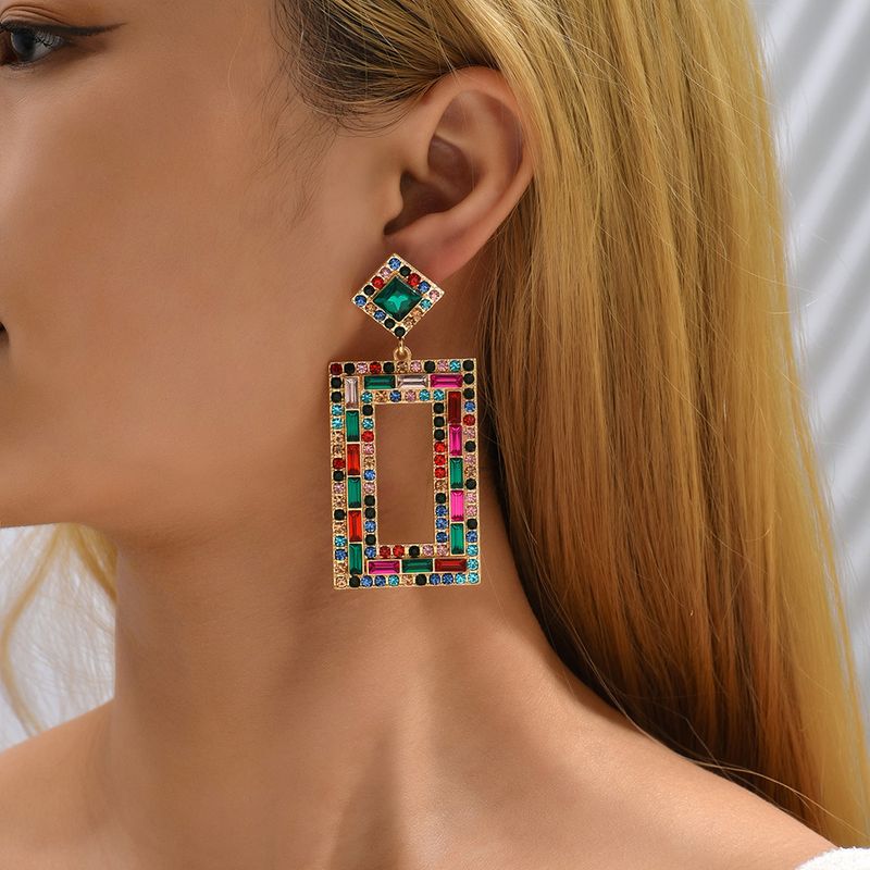 1 Pair Fashion Rectangle Alloy Inlay Rhinestones Women's Drop Earrings