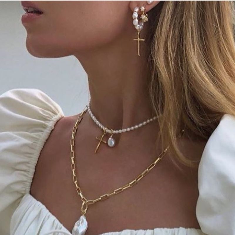 Simple Style Cross Freshwater Pearl Beaded Women's Earrings Necklace