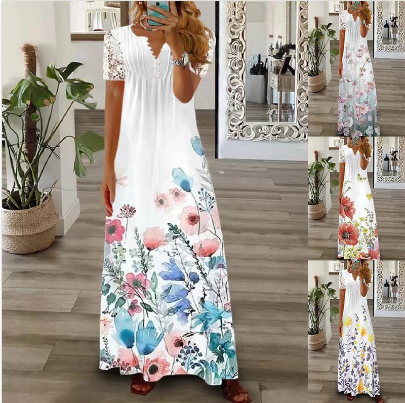 Women's Swing Dress Casual V Neck Printing Short Sleeve Flower Maxi Long Dress Daily Street