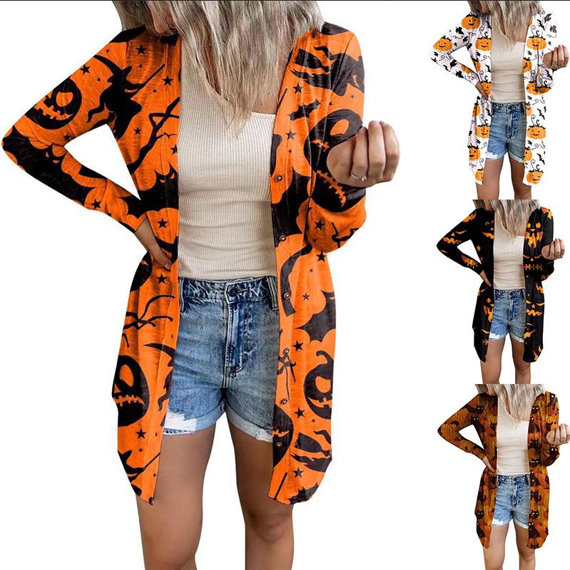 Women's Casual Pumpkin Cat Bat Printing Placket Coat