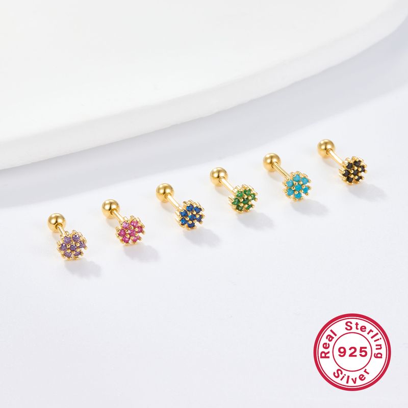 1 Pair Lady Flower Inlay Sterling Silver Zircon 18k Gold Plated White Gold Plated Ear Studs