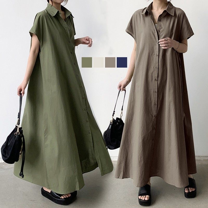 Simple Style Solid Color Maxi Dresses Cotton And Linen Button Shirt Dress Maxi Long Dress Dresses