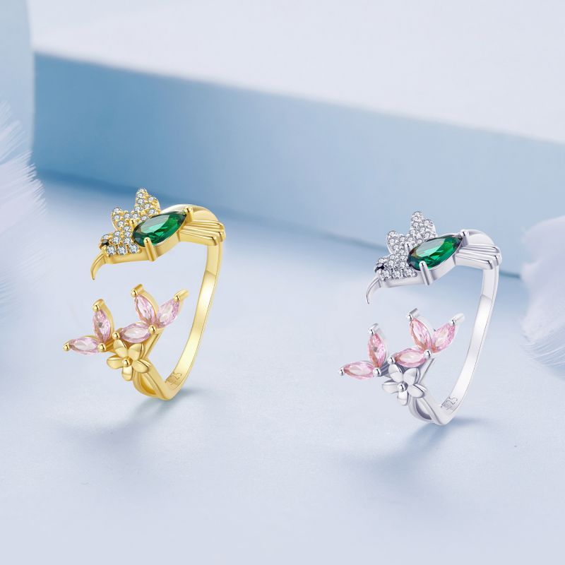 Cute Bird Sterling Silver Enamel Plating Inlay Zircon Gold Plated Platinum Plated Open Rings