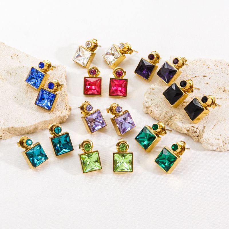 1 Pair Luxurious Square Plating Inlay 304 Stainless Steel Zircon 14K Gold Plated Drop Earrings